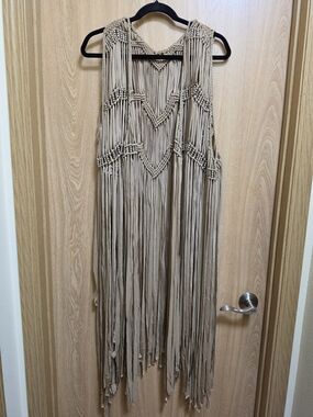 Fringed Macramé Vest in Taupe